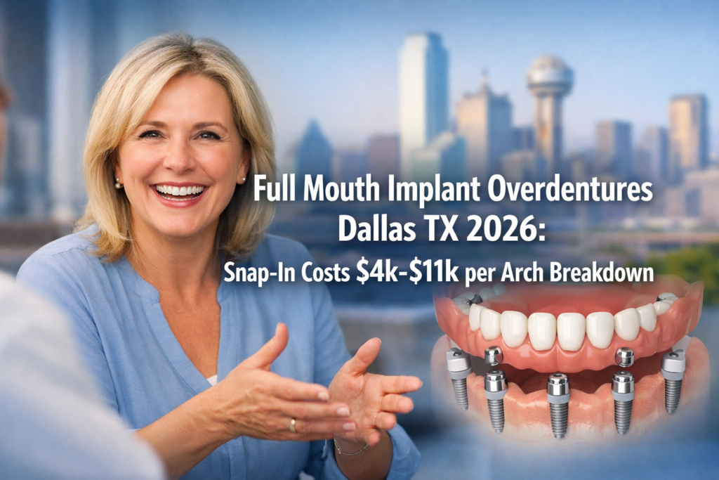 Full Mouth Implant Overdentures Dallas TX 2026: Snap-In Costs $4k-$11k per Arch Breakdown