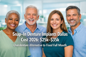 Snap-In Denture Implants Dallas Cost 2026: $25k-$35k Overdenture Alternative to Fixed Full Mouth