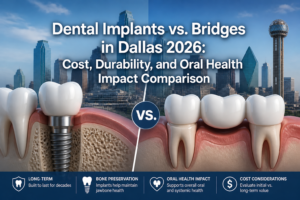 Dental Implants vs. Bridges in Dallas 2026: Cost, Durability, and Oral Health Impact Comparison