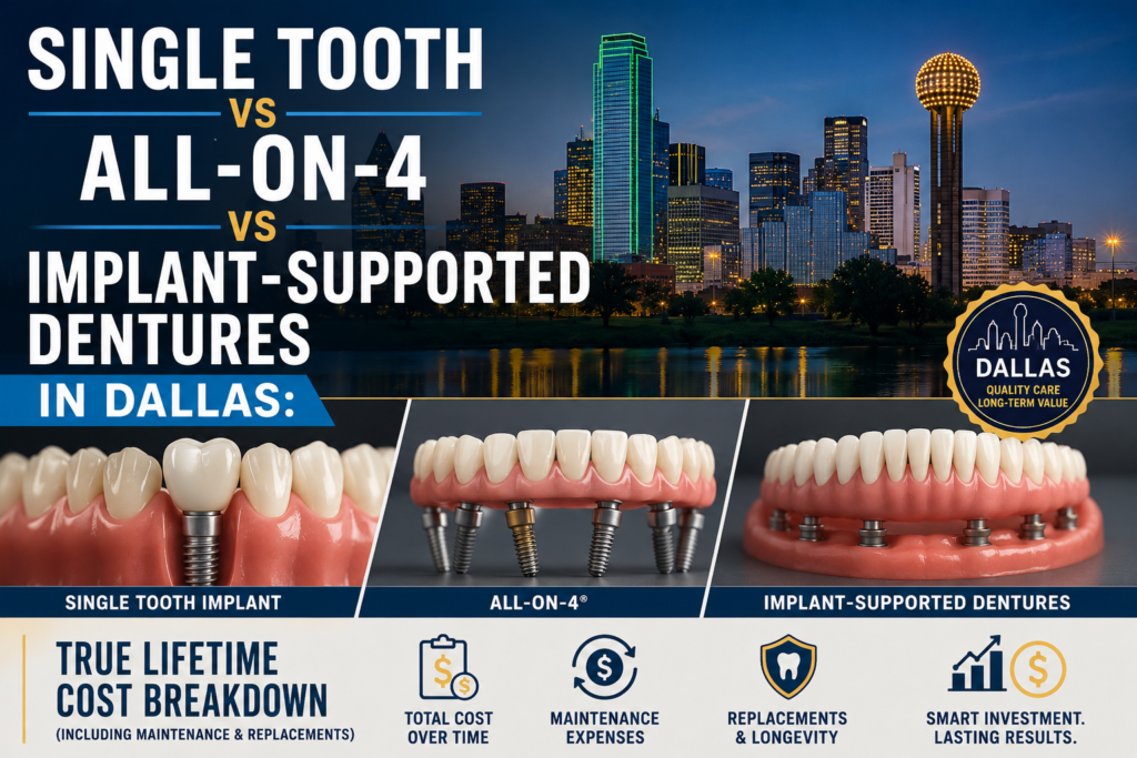 Single Tooth vs All-on-4 vs Implant-Supported Dentures in Dallas: True Lifetime Cost Breakdown (Including Maintenance & Replacements)